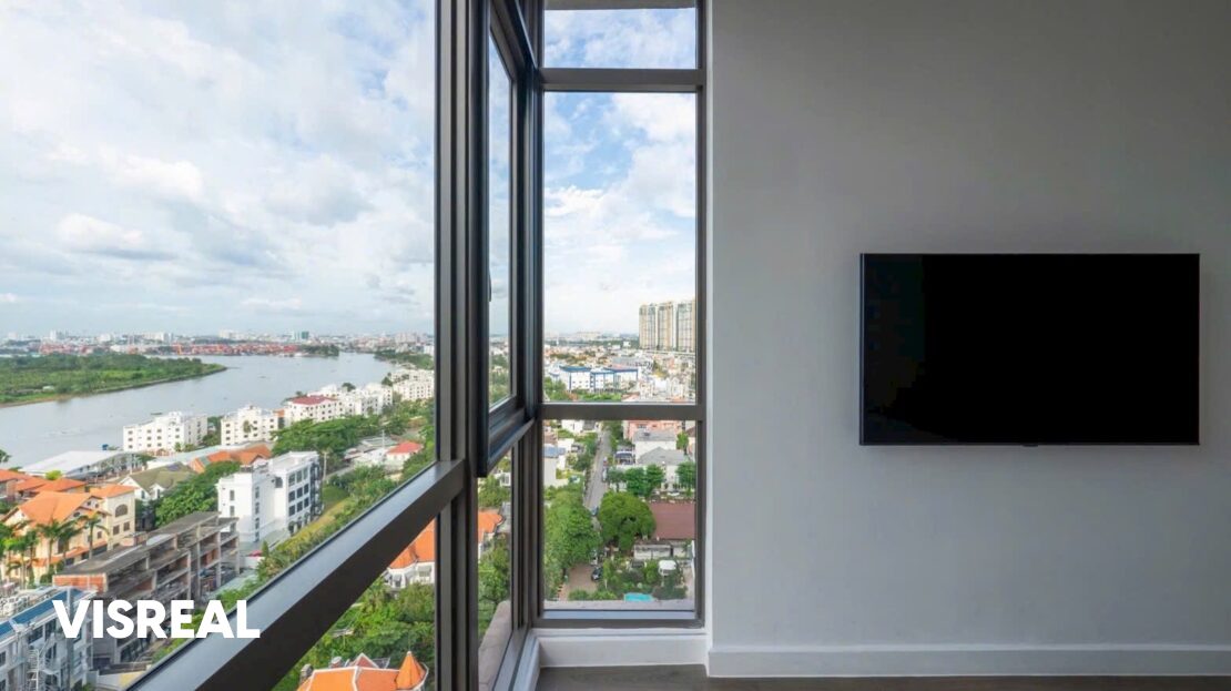 Bedroom corner window with Saigon River view and wall-mounted TV, The Nassim 3-bedroom