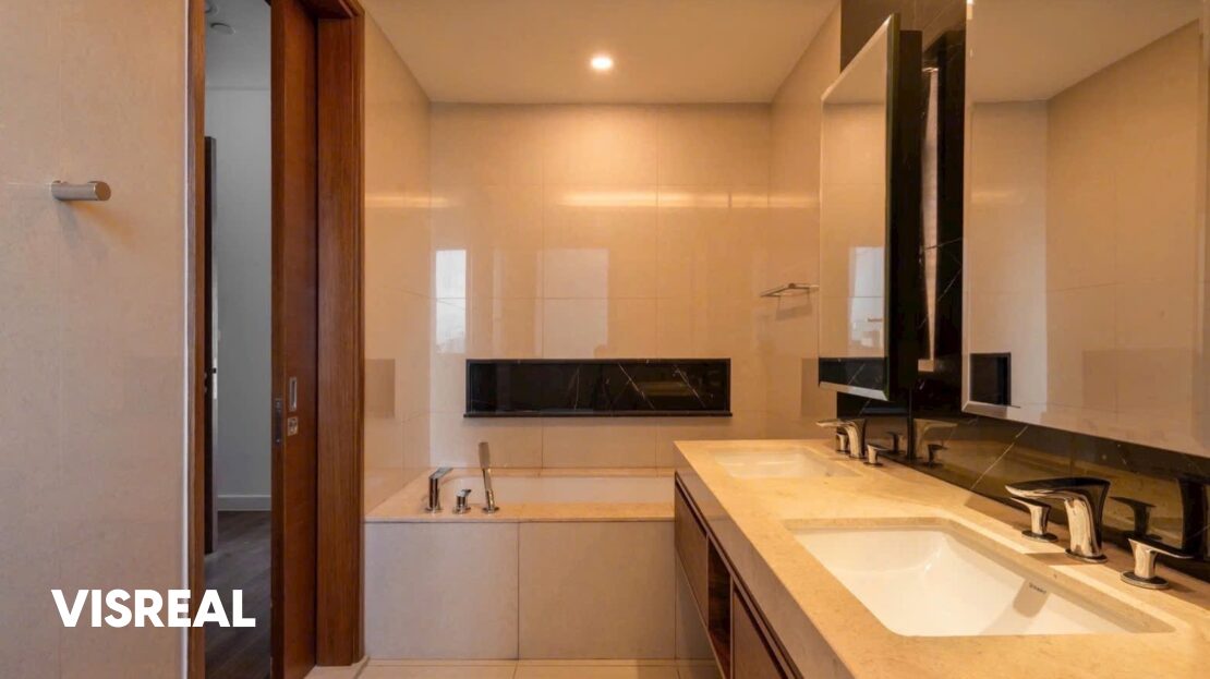 Bathroom with bathtub and double basins on stone vanity, The Nassim 3BR for rent