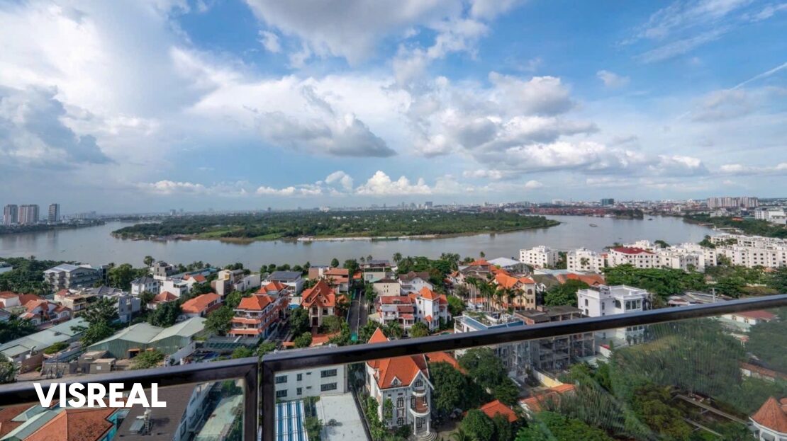 High-floor balcony view of the Saigon River and Thanh Da, 3-bedroom in The Nassim