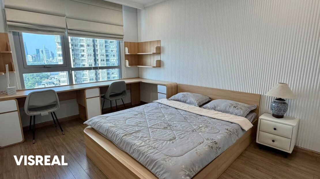 Bedroom with long twin study desk under the window, 3-bedroom rental in Vinhomes Central Park