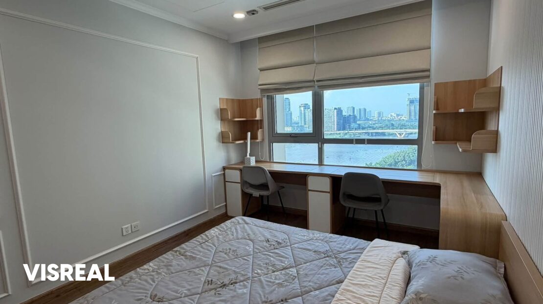 Study bedroom with desk facing the Saigon River, Vinhomes Central Park apartment for rent