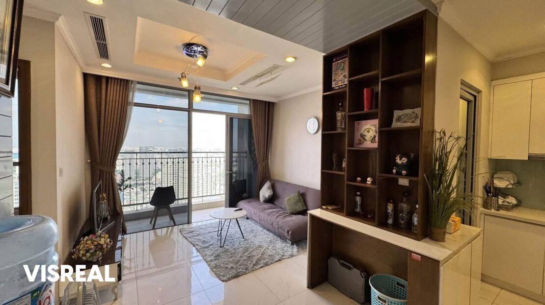 Sofa, rug and balcony with skyline view, 2-bedroom apartment for rent in Vinhomes Central Park
