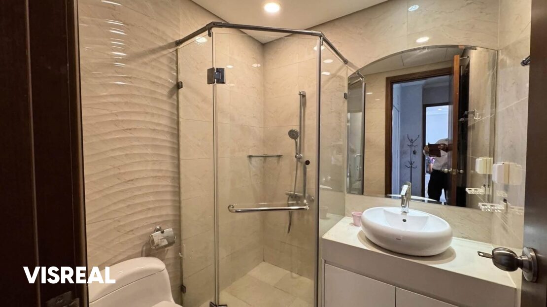 Bathroom with glass shower and counter-top basin, 2-bedroom rental in Vinhomes Central Park