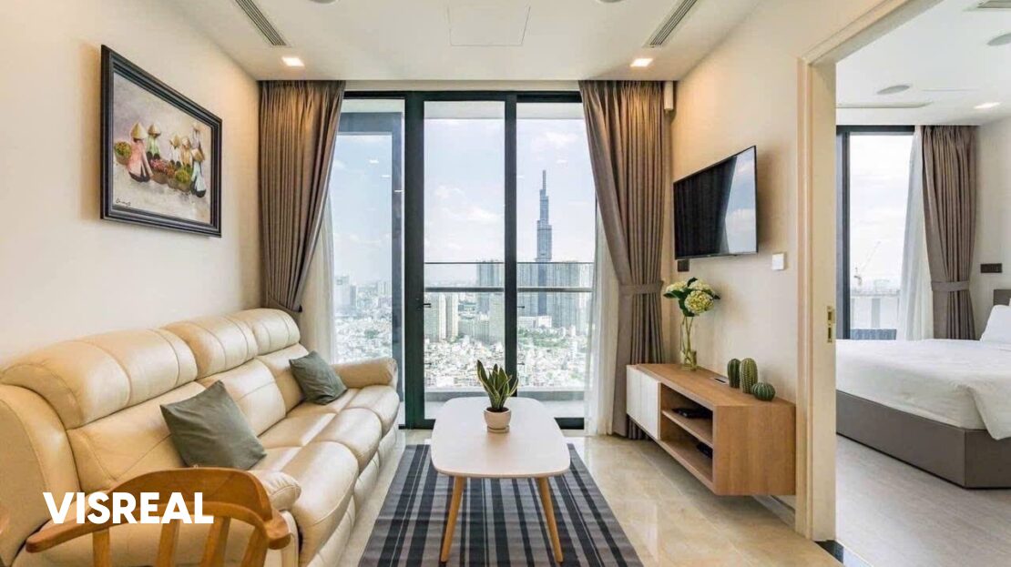 Leather sofa facing Landmark 81 view through balcony doors, Vinhomes Golden River 2BR