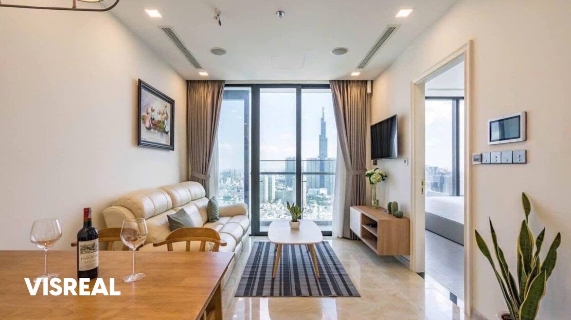 Dining table and living area with Landmark 81 in the window, Vinhomes Golden River apartment