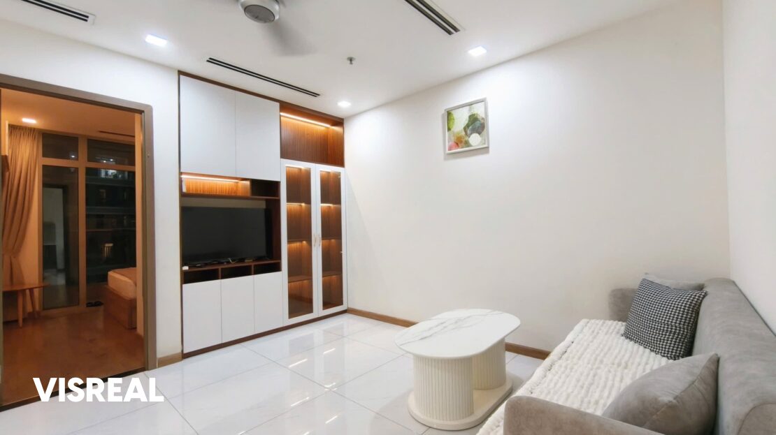 Living room with built-in TV wall and lit display cabinet, Vinhomes Central Park apartment for rent
