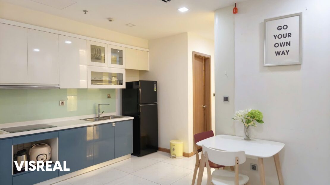 Kitchen and dining corner with glass-front dish cabinets, 1-bedroom in Vinhomes Central Park