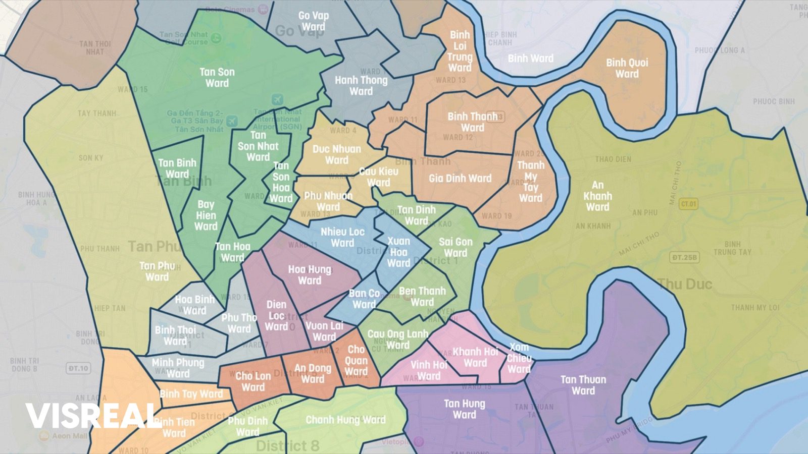 Map of Ho Chi Minh City new wards after the July 2025 merger, including Sai Gon, Ben Thanh, An Khanh and Thanh My Tay wards