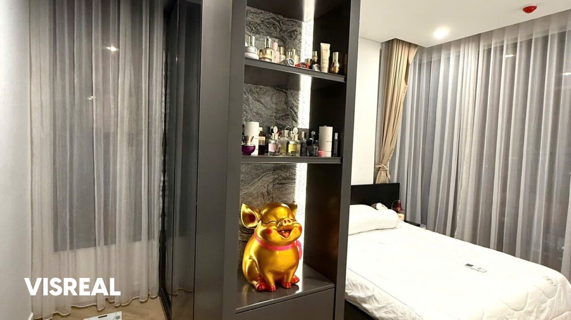Main bedroom with stone-backed open shelving and sliding wardrobe, Lumiere Riverside