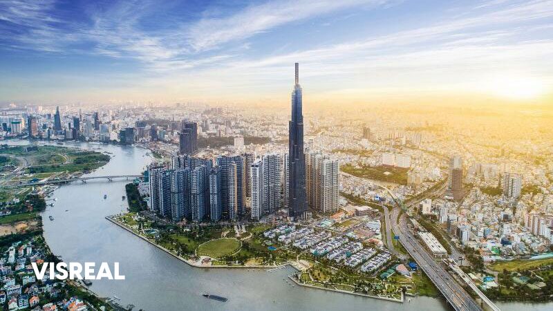 Aerial view of Vinhomes Central Park and Landmark 81 on the Saigon River in Binh Thanh