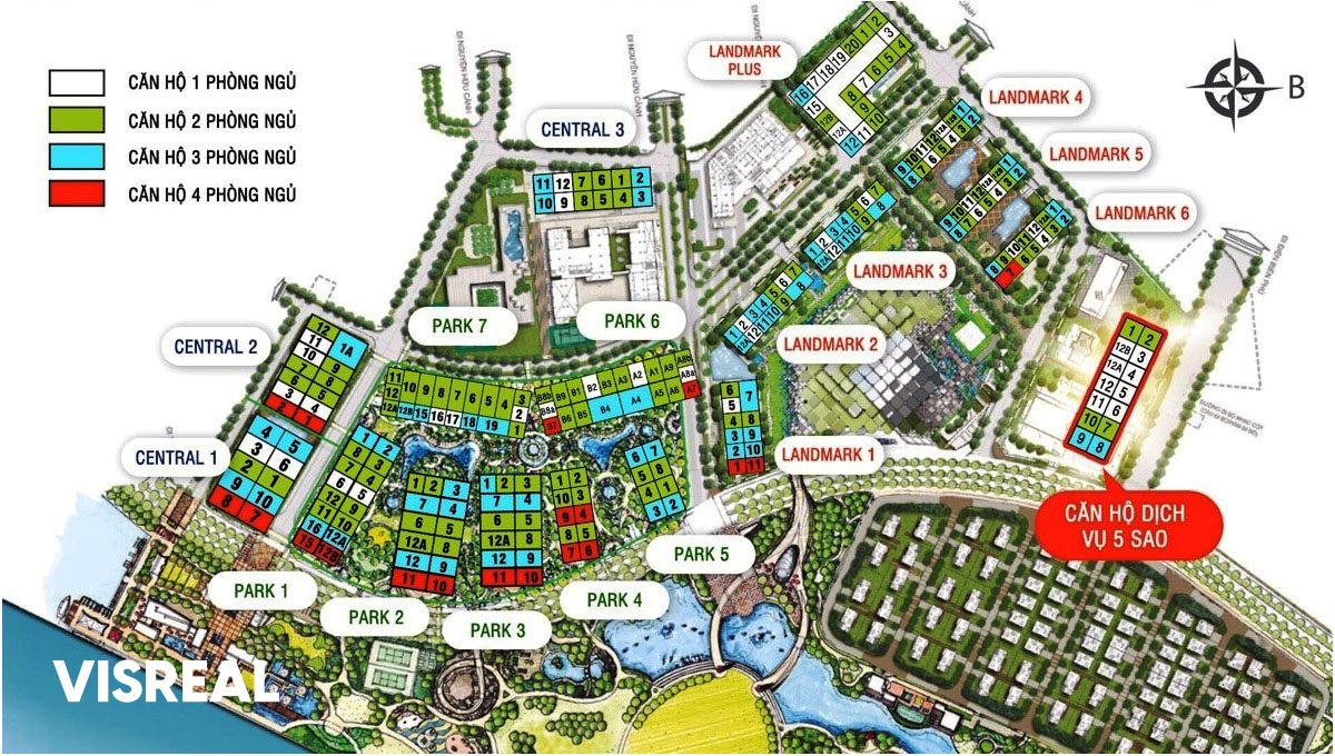 Vinhomes Central Park site plan colour-coded by 1, 2, 3 and 4 bedroom apartments in each tower