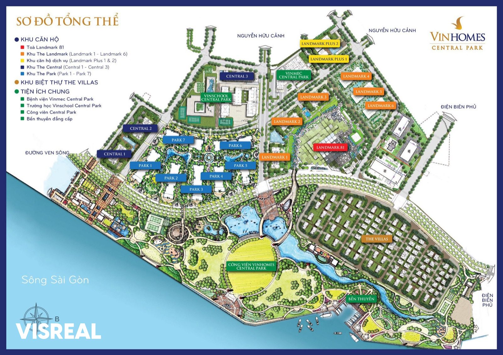 Vinhomes Central Park master plan showing The Central, The Park and The Landmark tower zones, the riverside park and the villas